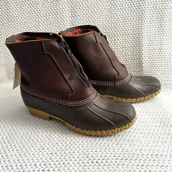 LL Bean Brown Red Flannel Lined Insulated Zip Front Duck Billed Ankle Boots Med - Picture 1 of 11
